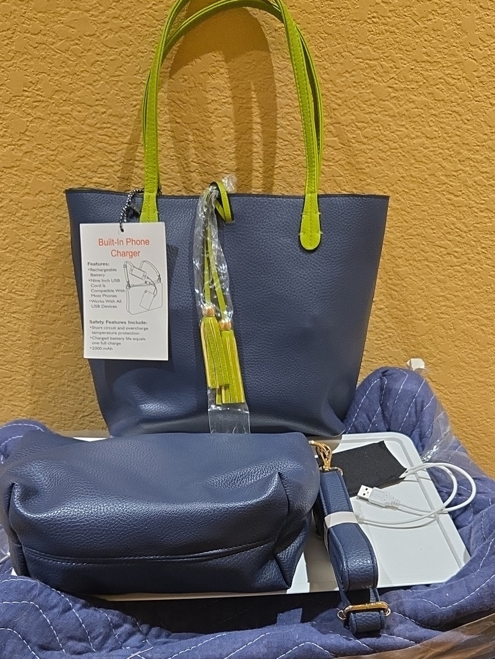 NWT Women’s Navy Tote Bag + XtraBag Lime Green  Handles - Built-In Phone Charger